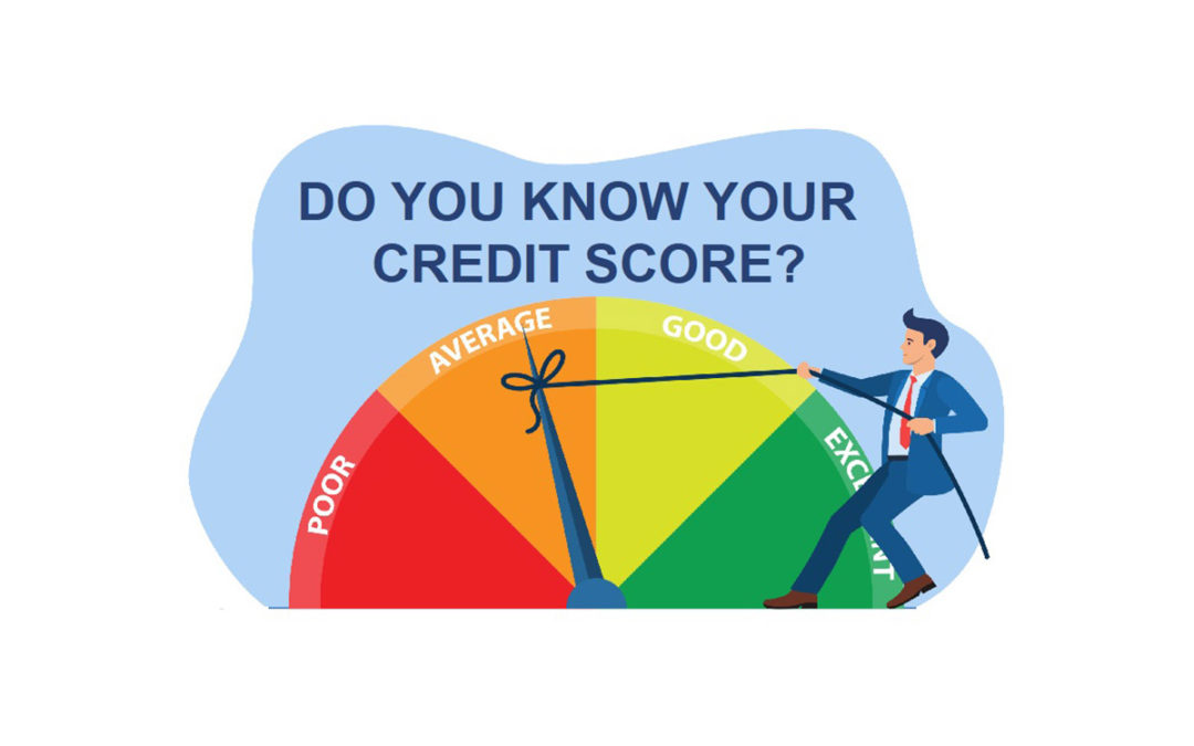 A man trying to improve his credit score by pulling the needle from Average to Good on the credit score scale