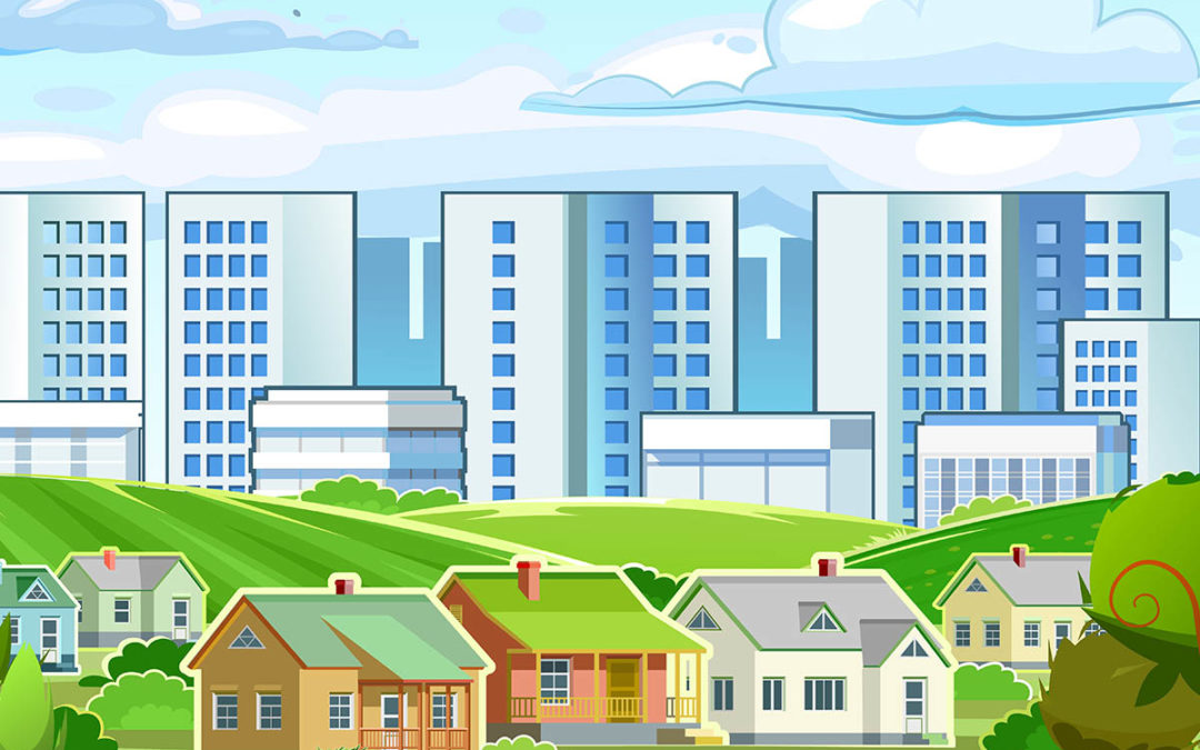 Commercial property buildings and offices overlooking an area with residential houses